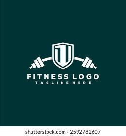 DU initial monogram for fitnes or gym logo with creative shield and barbell design