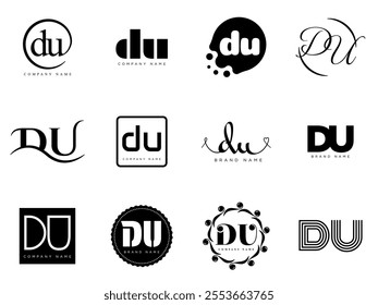 DU logo company template. Letter d and u logotype. Set different classic serif lettering and modern bold text with design elements. Initial font typography. Collection trendy business identity.