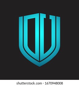 DU Logo monogram with emblem shield design isolated with blue colors on black background