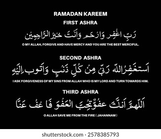 Dua for first, second and third ashra of ramadan kareem. Arabic calligraphy with english translation.