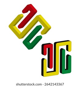 Dual 3D icons. Colorful block shapes. Perspective vector elements. Red yellow green.
