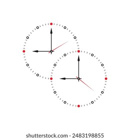dual analog clock concept. two adjacent analog clocks. two wall clocks stuck together