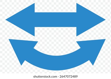 Seta dupla. Seta semicírculo duplo azul. Ilustração vetorial. Seta curva fina longa semicircular com duas pontas. ícone de seta dupla definido . duas setas laterais ícone vetor no fundo transparente. EPS 10.