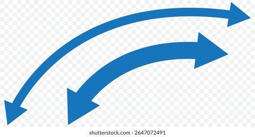Seta dupla. Seta semicírculo duplo azul. Ilustração vetorial. Seta curva fina longa semicircular com duas pontas. ícone de seta dupla definido . duas setas laterais ícone vetor no fundo transparente. EPS 10.
