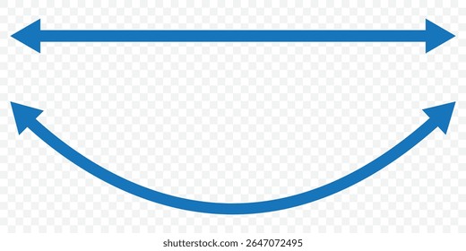 Seta dupla. Seta semicírculo duplo azul. Ilustração vetorial. Seta curva fina longa semicircular com duas pontas. ícone de seta dupla definido . duas setas laterais ícone vetor no fundo transparente. EPS 10.