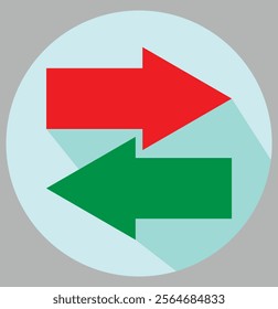 Dual arrow. Double ended red and green arrow vector. Horizontal dual straight , right and left side arrow sign. Vector illustration. 