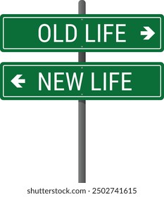 Dual arrow road intersection sign representing the old life and new life. Vector illustration on transparent background