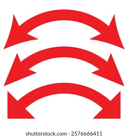 Dual arrow. Dual semi circle arrow. Semicircular curved thin long double ended arrow. Red arrow set. Vector illustration.