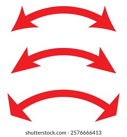 Dual arrow. Dual semi circle arrow. Semicircular curved thin long double ended arrow. Red arrow set. Vector illustration.