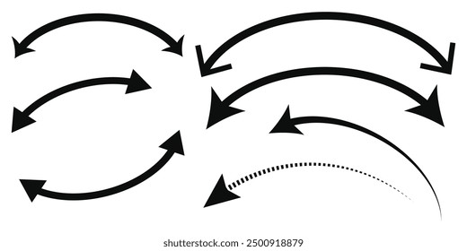 Dual arrow. Dual semi circle arrow. Vector illustration. Semicircular curved thin long double ended arrow. Black arrow Set.