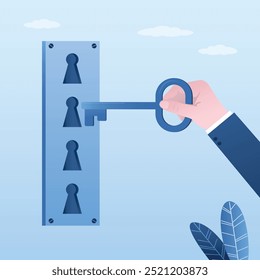 Dual authentication concept. Methods of protecting personal data, verification of users identity. Password, human hand uses key for authorization and open many keyhole and locks. vector illustration