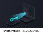 Dual authentication concept. Modern methods of protecting personal data, authorization and verification of users identity. Password, padlock and key near laptop. Isometric vector illustration