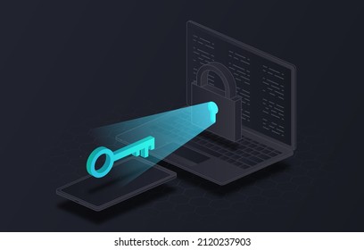 Dual authentication concept. Modern methods of protecting personal data, authorization and verification of users identity. Password, padlock and key near laptop. Isometric vector illustration - Shutterstock ID 2120237903