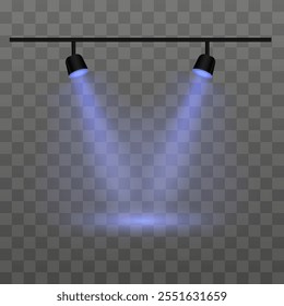 Dual blue spotlights on a transparent background. Spotlights, beams, ceiling fixture, illumination, stage lights, indoor lighting, focused beam, brightness, equipment, shadow, electricity