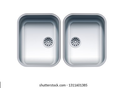 Dual Bowl Stainless Steel Sink. Vector Photo Realistic Illustration Isolated On White