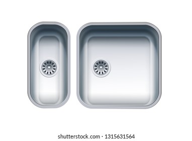 Dual Bowl Stainless Steel Sink. Vector Photo Realistic Illustration Isolated On White