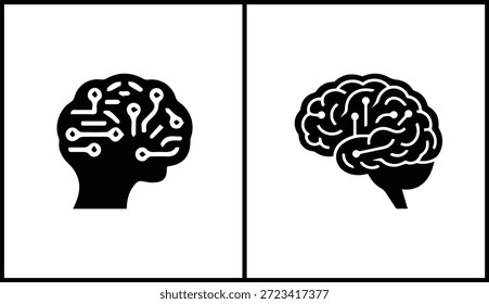 Ilustrações de silhueta dupla do cérebro apresentando padrões de placa de circuito para inovação tecnológica progresso futuro neurociência da saúde mental e aprendizagem profunda.