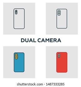 Dual Camera icon set. Four elements in diferent styles from visual device icons collection. Creative dual camera icons filled, outline, colored and flat symbols.