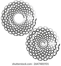 Padrões circulares duplos. Dois desenhos geométricos. Ilustrações redondas monocromáticas. Elementos abstratos vetoriais.