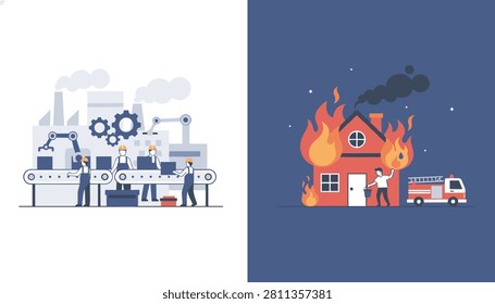 Dual comparison illustration representing industrial mass production lines versus a tragic neighborhood house fire rescue.