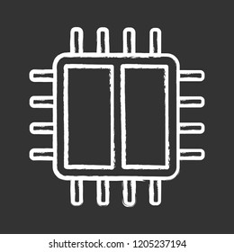 Dual core processor chalk icon. X2 microprocessor. Microchip, chipset. CPU. Central processing unit. Computer, phone processor. Integrated circuit. Isolated vector chalkboard illustration