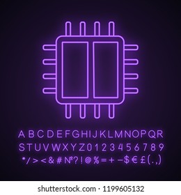 Dual core processor neon light icon. X2 microprocessor. Microchip, chipset. CPU. Computer, phone processor. Integrated circuit. Glowing sign with alphabet, numbers. Vector isolated illustration