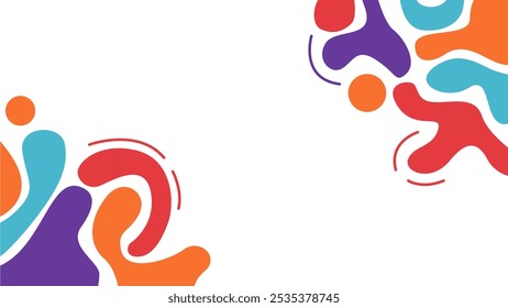 Plano de fundo de arte fluida de canto duplo. Modelo Branco Mínimo com Elementos Orgânicos Abstratos Simétricos Roxo, Laranja, Vermelho e Turquesa