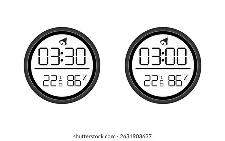 Relógio Digital Duplo Exibindo Tempo, Temperatura e Umidade, Apresentando Quadros Circulares Pretos Contra um Fundo Branco Mostrando 03:30 e 03:00
