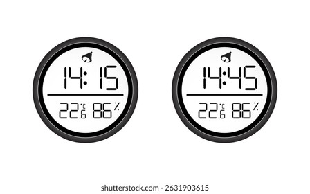 Dual Digital Weather Station Displaying Time, Temperature, and Humidity, Encased in Sleek Black Frames, for Indoor Climate Monitoring and Home Automation Integration
