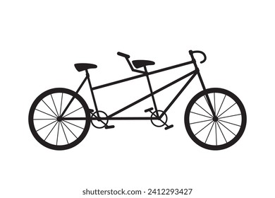 Klassischer Transport mit zwei Fahrwerken für gesunden Lebensstil. Tandem Fahrrad, schwarze Silhouette. Steel Doppelsitzer-Fahrrad einzeln auf weißem Hintergrund. Zusammenarbeit mit Familie oder Paaren. Flache Vektorgrafik