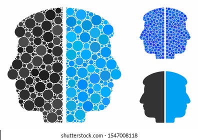 Dual face composition of round dots in variable sizes and color tones, based on dual face icon. Vector round dots are composed into blue illustration. Dotted dual face icon in usual and blue versions.
