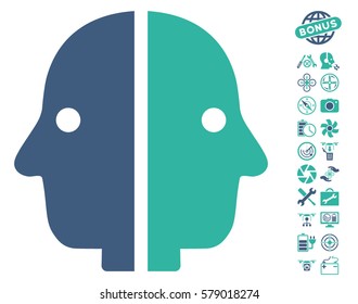 Dual Face icon with bonus quad copter tools symbols. Vector illustration style is flat iconic cobalt and cyan symbols on white background.