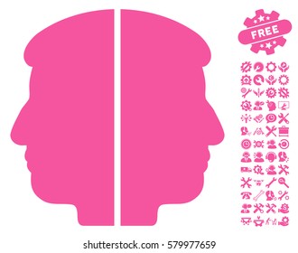 Dual Face icon with bonus settings graphic icons. Vector illustration style is flat iconic pink symbols on white background.