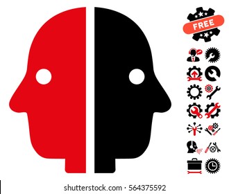 Dual Face icon with bonus setup tools pictograph collection. Vector illustration style is flat iconic intensive red and black symbols on white background.
