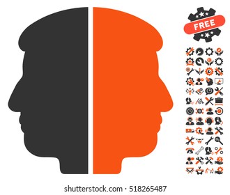 Dual Face icon with bonus tools pictures. Vector illustration style is flat iconic orange and gray symbols on white background.