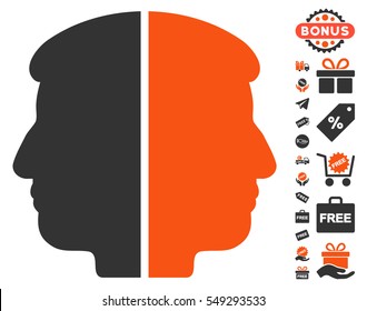Dual Face icon with free bonus pictograph collection. Vector illustration style is flat iconic symbols, orange and gray colors, white background.