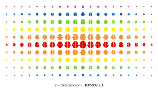 Dual face icon spectrum halftone pattern. Vector dual face items are organized into halftone array with vertical spectrum gradient. Constructed for backgrounds, covers,