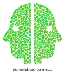 Dual Face mosaic of dots in various sizes and ecological green color tints. Vector filled circles are organized into dual face composition. Fresh design concept.