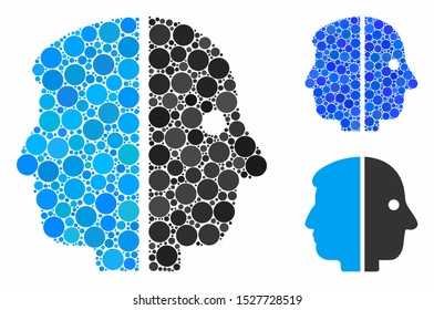 Dual face mosaic of round dots in various sizes and shades, based on dual face icon. Vector small circles are organized into blue mosaic. Dotted dual face icon in usual and blue versions.