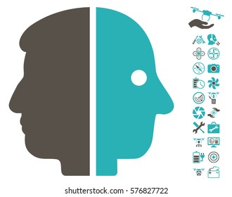 Dual Face pictograph with bonus nanocopter service pictograph collection. Vector illustration style is flat iconic grey and cyan symbols on white background.