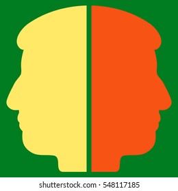 Dual Face vector icon. Style is flat graphic bicolor symbol, orange and yellow colors, green background.