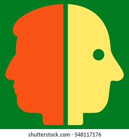 Dual Face vector pictogram. Style is flat graphic bicolor symbol, orange and yellow colors, green background.