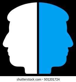Dual Face vector pictograph. Style is flat graphic bicolor symbol, blue and white colors, black background.