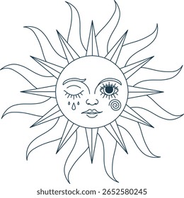 Duplas faces sol com olhos fechados e abertos. Projeto de arte vetorial. Celestial místico esotérico mágico sol elemento. Alquimia e astrologia vintage símbolo. Sinal solar sagrado. Sol boho monocromático com humano