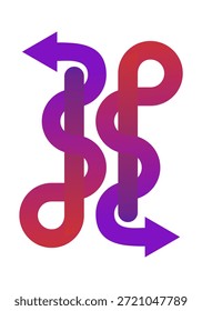 Design-Vektor für Dual-Flow-Logo-Vorlagen. Ein kettenartiges Symbol mit zwei Pfeilen, die Konnektivität, Datenaustausch, Zusammenarbeit und integrierte Systeme darstellen.