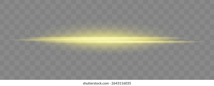 Dual gold horizontal light beams with soft glow and motion blur on transparent background. Futuristic energy streak ideal for UI design, sci-fi overlays, or speed effects.