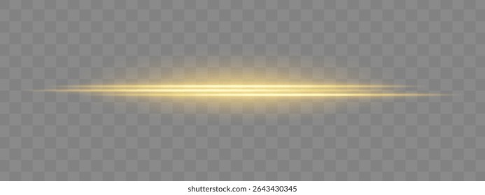 Dual gold horizontal light beams with soft glow and motion blur on transparent background. Futuristic energy streak ideal for UI design, sci-fi overlays, or speed effects.