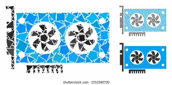 Dual GPU videocard composition of joggly parts in different sizes and color hues, based on dual GPU videocard icon. Vector rough items are united into composition.