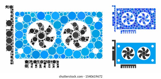 Dual GPU videocard mosaic of round dots in various sizes and color tones, based on dual GPU videocard icon. Vector round dots are united into blue illustration.