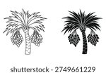Dual graphic representation of a date palm tree, featuring both a clean line art drawing and a bold silhouette. Each depiction showcases the tree